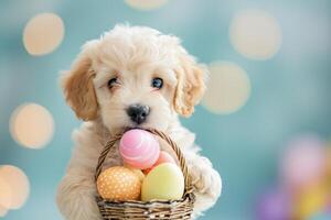 AI generated a cute puppy with colorful pastel easter eggs basket bokeh style background with generative ai photo