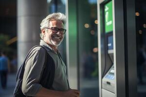 AI generated a middle age man using an atm machine bokeh style background with generative ai photo
