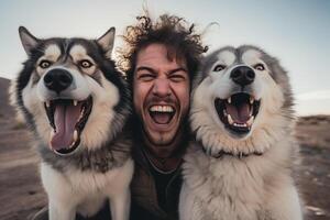 ai generado joven hombre riendo con dos perros esquimales perros con generativo ai foto