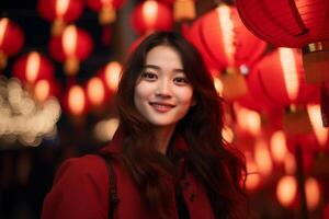 AI generated beautiful chinese woman celebrate at chinese lantern festival bokeh style background with generative ai photo