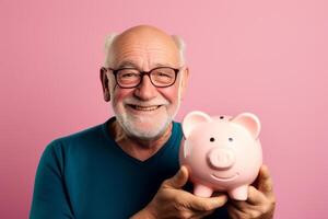 AI generated old man holding piggy bank with generative ai photo