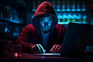 AI generated a male programmer working with laptop in his work room bokeh style background with generative ai photo