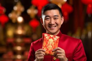 AI generated chinese man wearing traditional suit and holding aungpao bokeh style background with generative ai photo