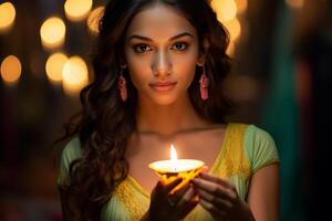 AI generated indian woman holding a candle bokeh style background with generative ai photo