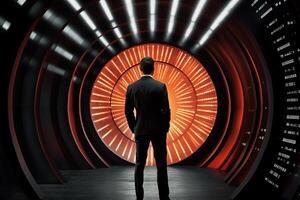 AI generated a businessman standing in front of an illuminated tunnel with generative ai photo