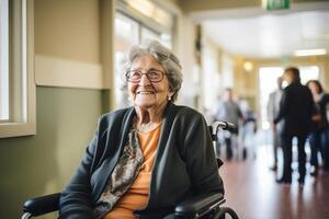 AI generated old disabled woman sitting on wheelchair in the nursing home bokeh style background with generative ai photo