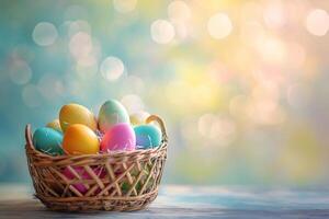 AI generated colorful pastel easter eggs basket bokeh style background with generative ai photo