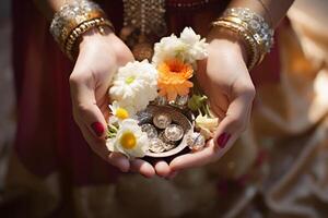 AI generated close up of indian girl hand holding flower with generative ai photo