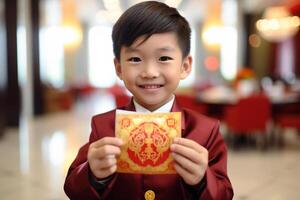 AI generated chinese young boy wearing traditional suit and holding aungpao bokeh style background with generative ai photo