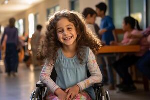 ai generado joven discapacitado niña sentado en silla de ruedas a colegio sonriente bokeh estilo antecedentes con generativo ai foto