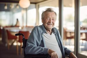 AI generated old disabled man sitting on wheelchair in the nursing home bokeh style background with generative ai photo