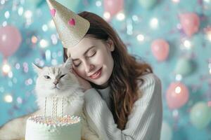 ai generado un mujer celebrando su gato cumpleaños con generativo ai foto