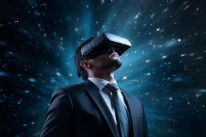 AI generated businessman wearing vr glasses looking at the night sky star with generative ai photo