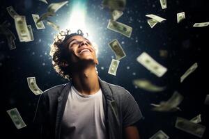AI generated a happy man with money flying in the air with generative ai photo