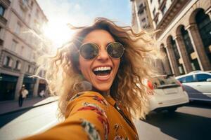 AI generated woman taking selfie in the big city with generative ai photo