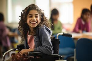 ai generado joven discapacitado niña sentado en silla de ruedas a colegio sonriente bokeh estilo antecedentes con generativo ai foto