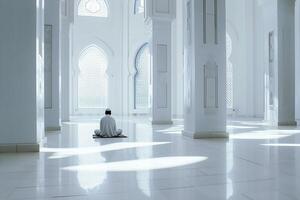 AI generated muslim man praying in the masjid with generative ai photo