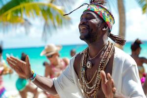 ai generado africano hombre en el tradicional ropa bailando en el playa bokeh estilo antecedentes con generativo ai foto