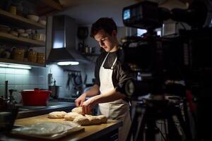 AI generated a man taking video of making bread with generative ai photo