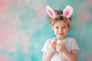 ai generado joven chico niño participación vistoso pastel Pascua de Resurrección huevos con generativo ai foto