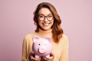 AI generated a woman holding piggy bank with generative ai photo