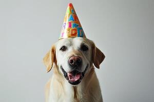 ai generado un perro vistiendo un cumpleaños sombrero con generativo ai foto