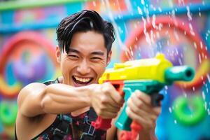 ai generado un hombre jugando agua pistola a Songkran día con generativo ai foto