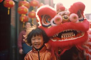 AI generated chinese dragon dance with young girl kid with generative ai photo