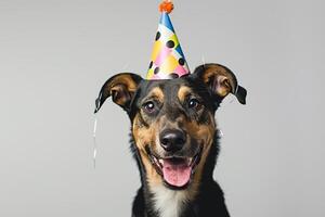 ai generado un perro vistiendo un cumpleaños sombrero con generativo ai foto