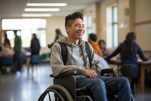 AI generated young disabled boy sitting on wheelchair bokeh style background  with generative ai photo