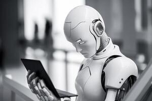 AI generated robot working with laptop bokeh style background with generative ai photo