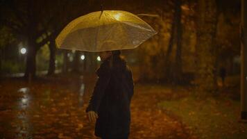 glücklich sorglos Frau Tanzen mit Regenschirm draußen im regnerisch Nacht video