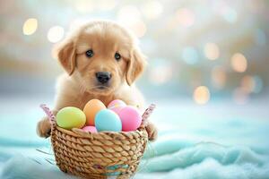 AI generated a cute puppy with colorful pastel easter eggs basket bokeh style background with generative ai photo