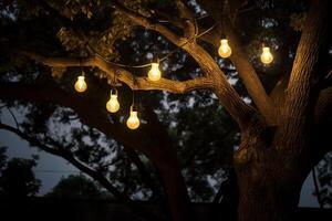 AI generated a string of lights hanging on the tree bokeh style background with generative ai photo