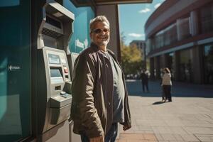 AI generated a middle age man using an atm machine bokeh style background with generative ai photo