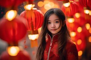 AI generated chinese young girl kid celebrate at chinese lantern festival with generative ai photo