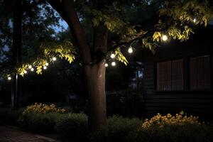 AI generated a string of lights hanging on the tree bokeh style background with generative ai photo