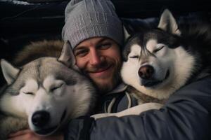 AI generated young man hugging with his huskies dog with generative ai photo