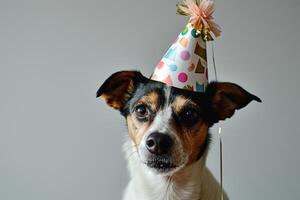 ai generado un perro vistiendo un cumpleaños sombrero con generativo ai foto