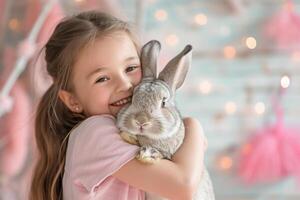 AI generated young girl kid cuddling a cute bunny bokeh style background with generative ai photo