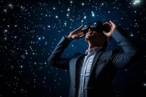 AI generated businessman wearing vr glasses looking at the night sky star with generative ai photo
