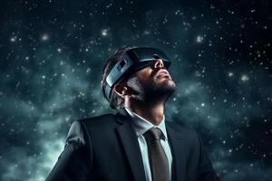 AI generated businessman wearing vr glasses looking at the night sky star with generative ai photo