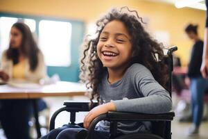 ai generado joven discapacitado niña sentado en silla de ruedas a colegio sonriente bokeh estilo antecedentes con generativo ai foto