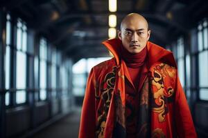 AI generated chinese groom in traditional wedding dress bokeh style background with generative ai photo