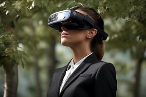 AI generated businesswoman wearing vr glasses looking at nature view bokeh style background with generative ai photo