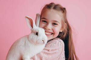 AI generated young girl kid cuddling a cute bunny with generative ai photo