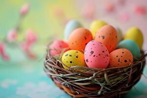 ai generado vistoso pastel Pascua de Resurrección huevos cesta bokeh estilo antecedentes con generativo ai foto