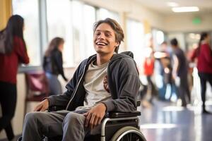 AI generated young disabled man sitting on wheelchair at the hospital bokeh style background with generative ai photo