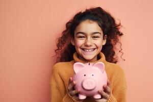 ai generado un joven niña participación cerdito banco con generativo ai foto