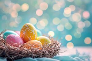 AI generated colorful pastel easter eggs basket bokeh style background with generative ai photo